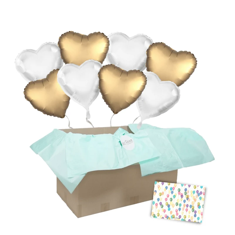 Heliumballon-Geschenk XXL 8 Satin Herzen Golden Deluxe