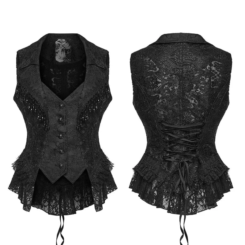 Gothic-Weste für Damen aus Jacquard-Spitze mit Perlenbesatz