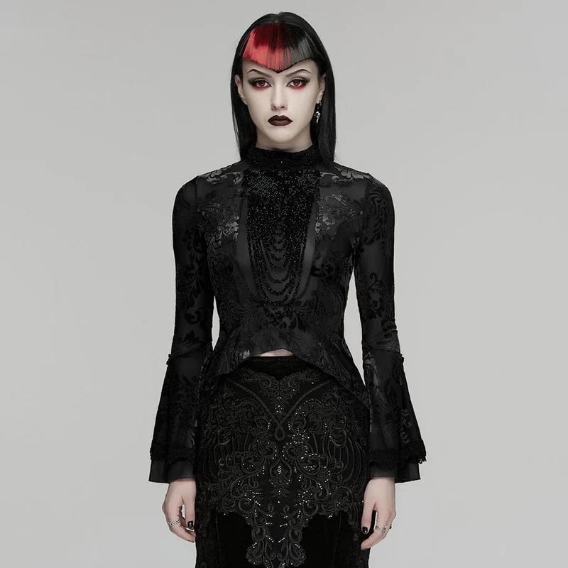 Gothic-Top für Damen mit Blumenmuster, Perlenbesatz und ausgestellten Ärmeln