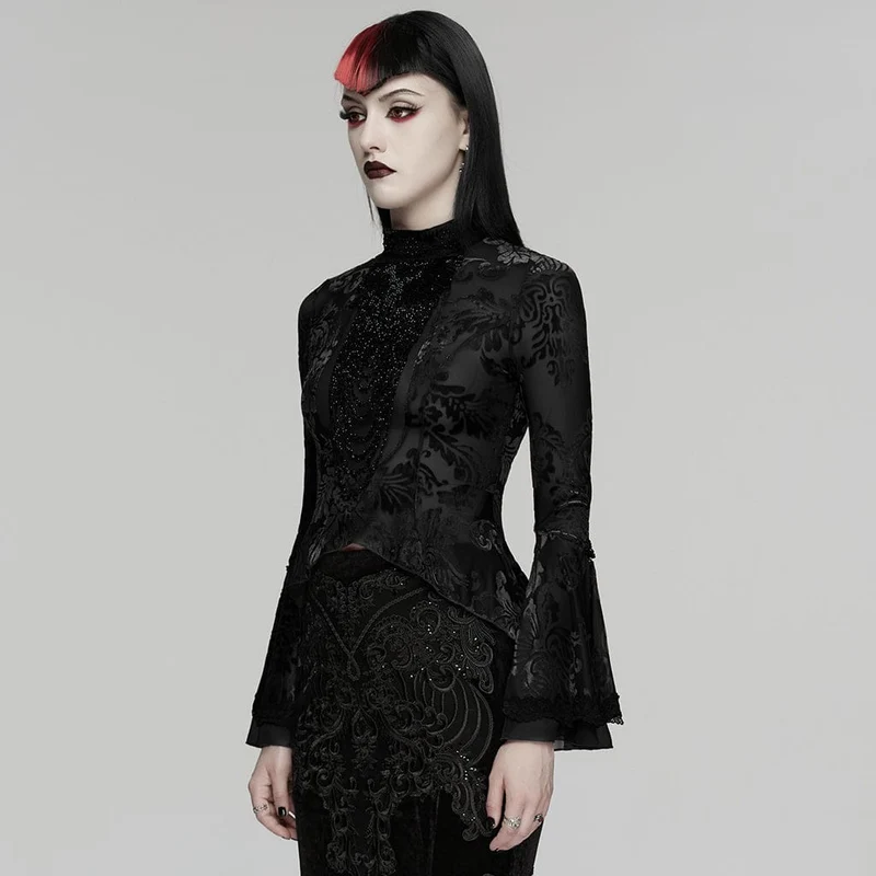 Gothic-Top für Damen mit Blumenmuster, Perlenbesatz und ausgestellten Ärmeln