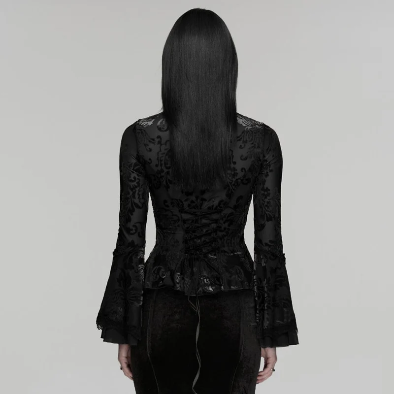 Gothic-Top für Damen mit Blumenmuster, Perlenbesatz und ausgestellten Ärmeln