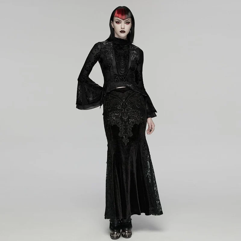 Gothic-Top für Damen mit Blumenmuster, Perlenbesatz und ausgestellten Ärmeln