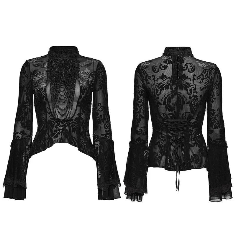 Gothic-Top für Damen mit Blumenmuster, Perlenbesatz und ausgestellten Ärmeln