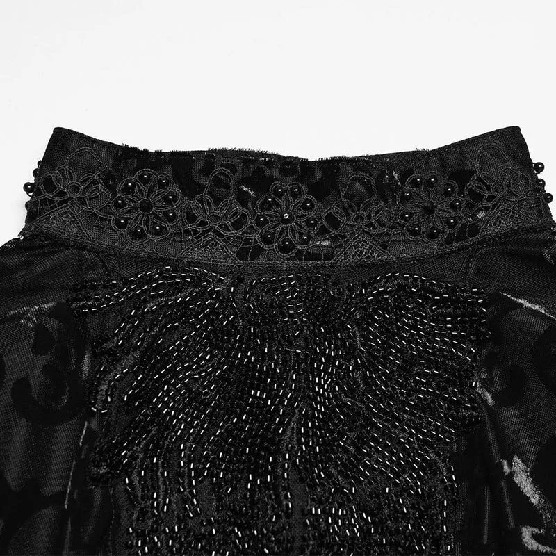 Gothic-Top für Damen mit Blumenmuster, Perlenbesatz und ausgestellten Ärmeln