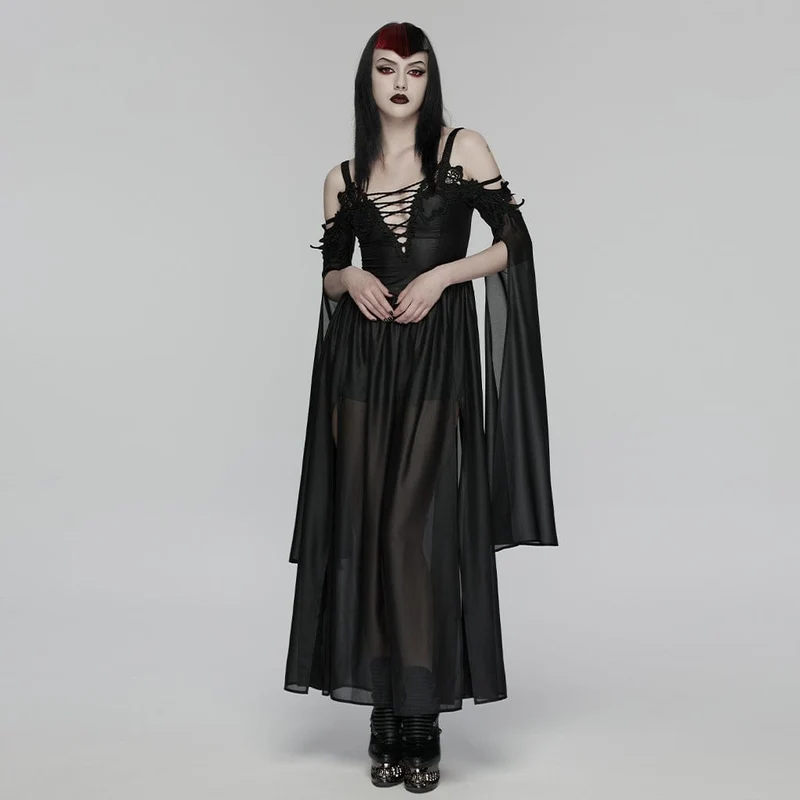 Gothic-Maxikleid mit tiefem Ausschnitt und schulterfreiem Design für Damen – Hochzeitskleid