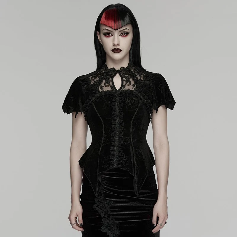 Gothic-T-Shirt für Damen aus Samt mit Rosenprint, Spitzenausschnitt und kurzen Ärmeln