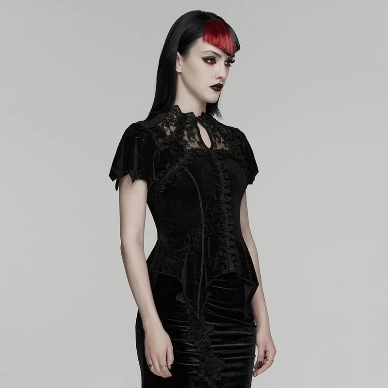 Gothic-T-Shirt für Damen aus Samt mit Rosenprint, Spitzenausschnitt und kurzen Ärmeln