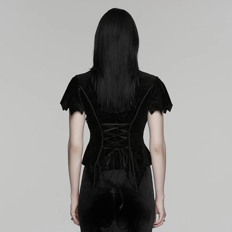 Gothic-T-Shirt für Damen aus Samt mit Rosenprint, Spitzenausschnitt und kurzen Ärmeln