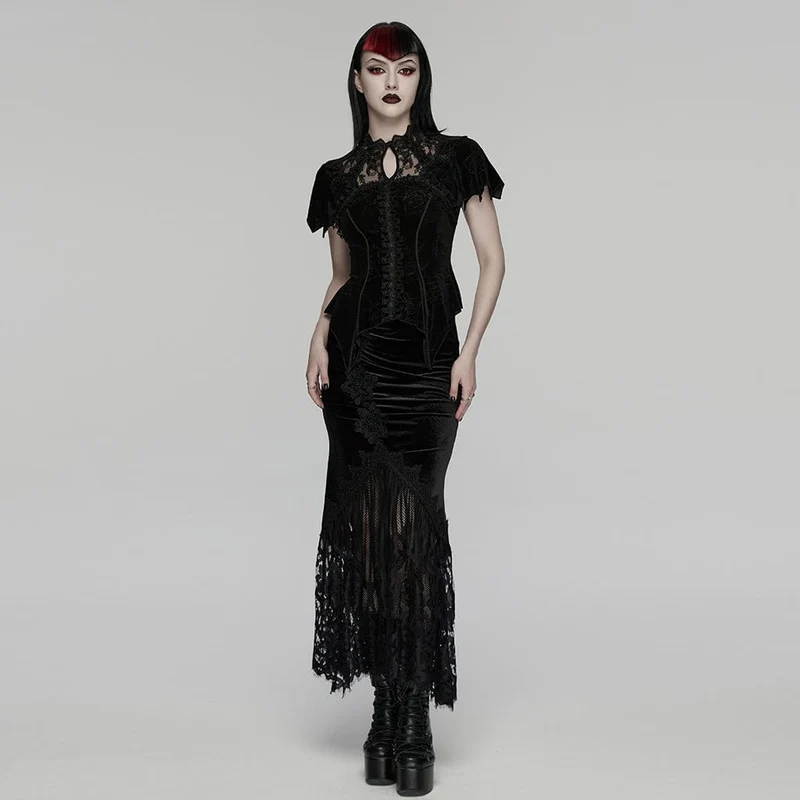 Gothic-T-Shirt für Damen aus Samt mit Rosenprint, Spitzenausschnitt und kurzen Ärmeln