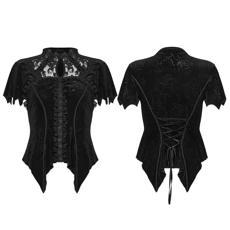 Gothic-T-Shirt für Damen aus Samt mit Rosenprint, Spitzenausschnitt und kurzen Ärmeln