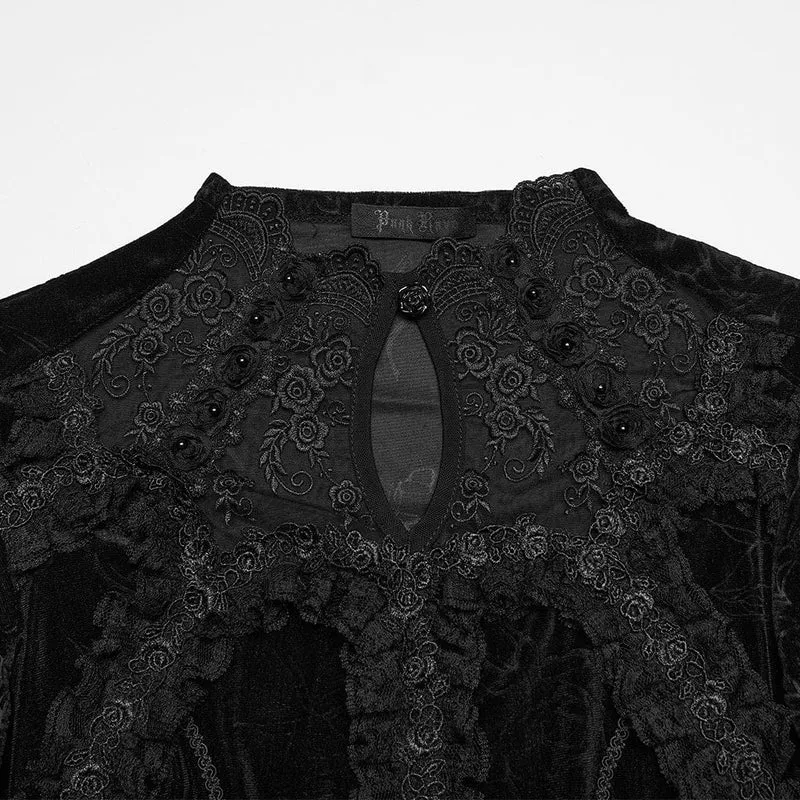 Gothic-T-Shirt für Damen aus Samt mit Rosenprint, Spitzenausschnitt und kurzen Ärmeln