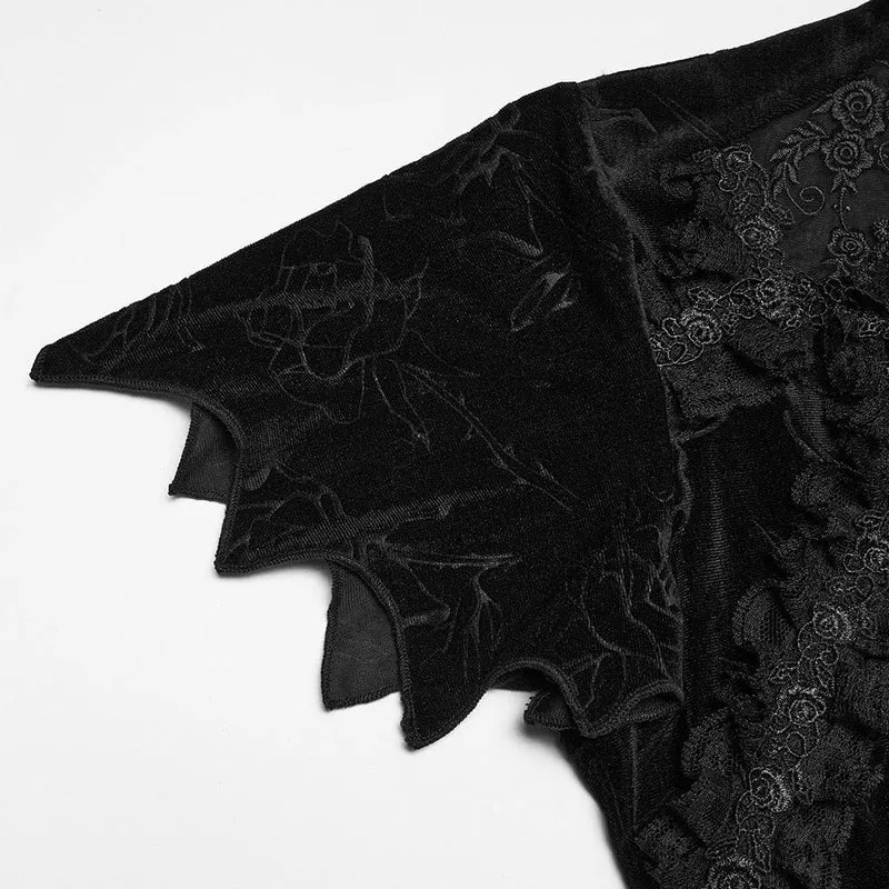 Gothic-T-Shirt für Damen aus Samt mit Rosenprint, Spitzenausschnitt und kurzen Ärmeln