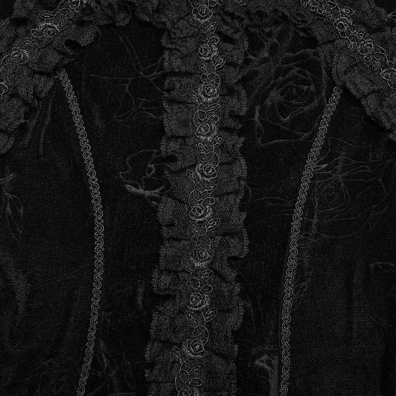 Gothic-T-Shirt für Damen aus Samt mit Rosenprint, Spitzenausschnitt und kurzen Ärmeln