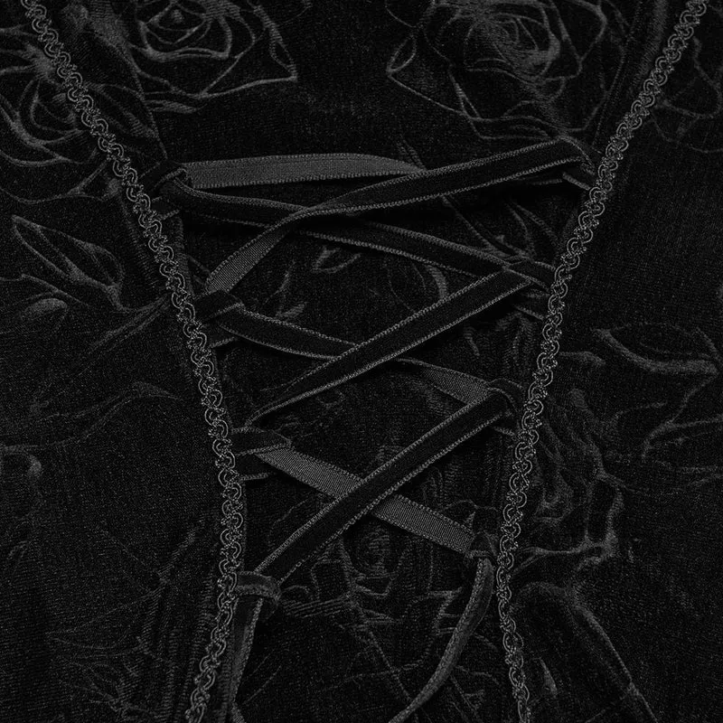 Gothic-T-Shirt für Damen aus Samt mit Rosenprint, Spitzenausschnitt und kurzen Ärmeln