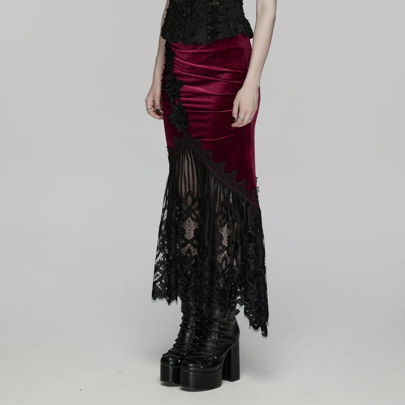Gothic-Spitzenrock aus Samt für Damen mit Rüschen und Meerjungfrauenschnitt, schwarz-rot