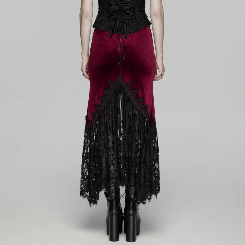Gothic-Spitzenrock aus Samt für Damen mit Rüschen und Meerjungfrauenschnitt, schwarz-rot