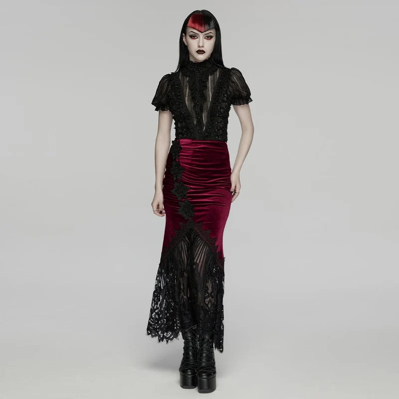Gothic-Spitzenrock aus Samt für Damen mit Rüschen und Meerjungfrauenschnitt, schwarz-rot