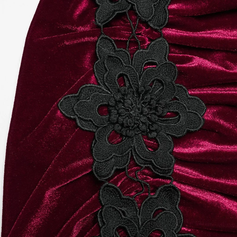 Gothic-Spitzenrock aus Samt für Damen mit Rüschen und Meerjungfrauenschnitt, schwarz-rot