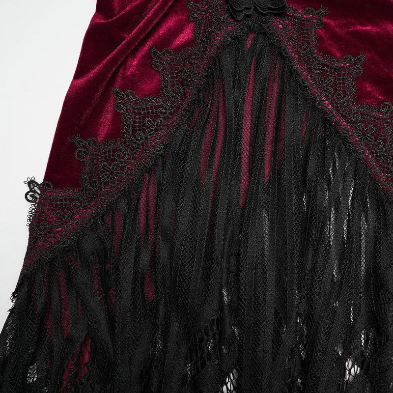 Gothic-Spitzenrock aus Samt für Damen mit Rüschen und Meerjungfrauenschnitt, schwarz-rot