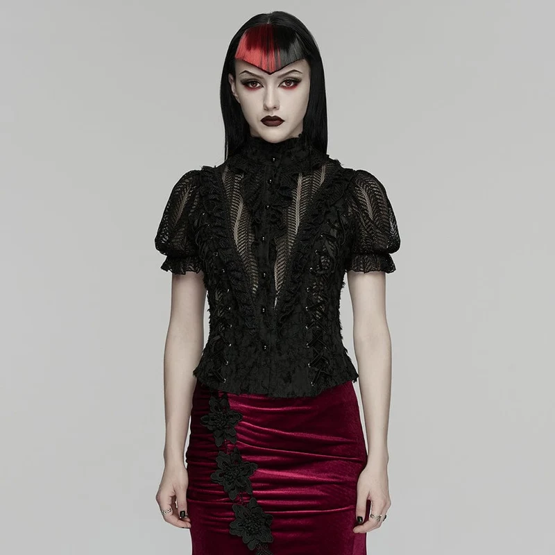 Gothic-Damenbluse mit Rüschen, Stehkragen und kurzen Ärmeln