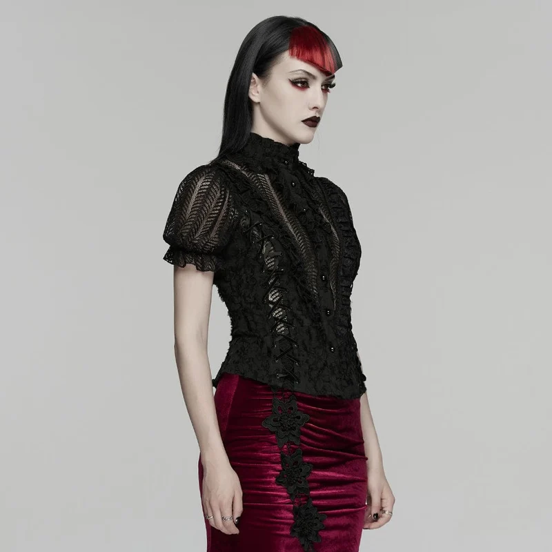 Gothic-Damenbluse mit Rüschen, Stehkragen und kurzen Ärmeln