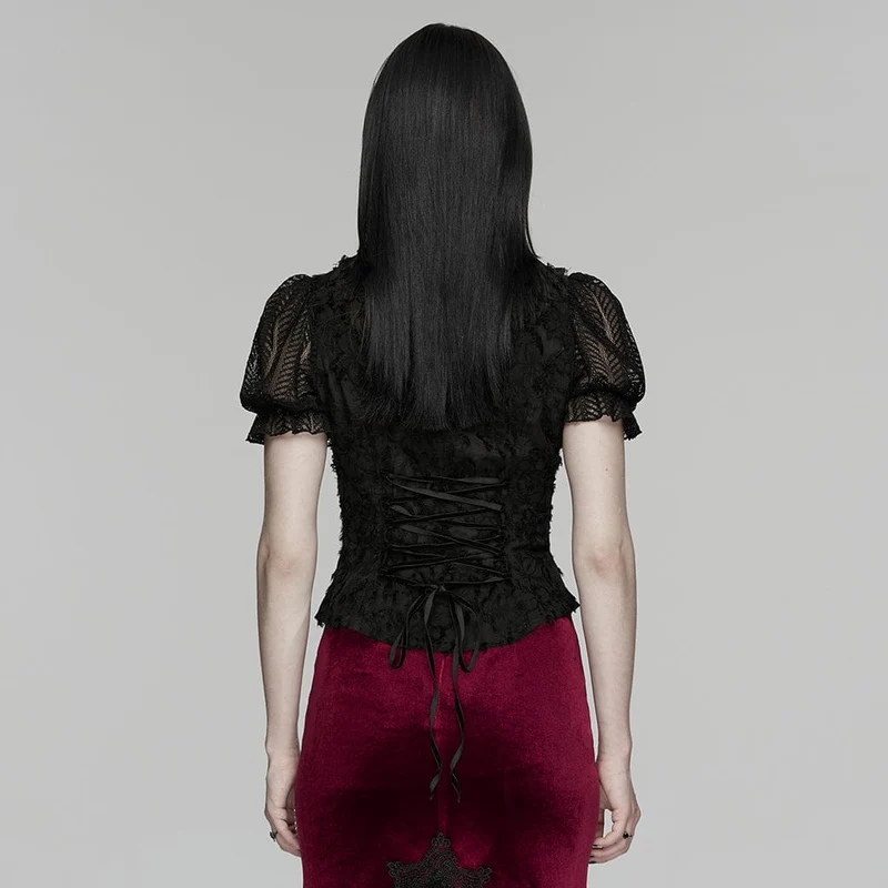 Gothic-Damenbluse mit Rüschen, Stehkragen und kurzen Ärmeln