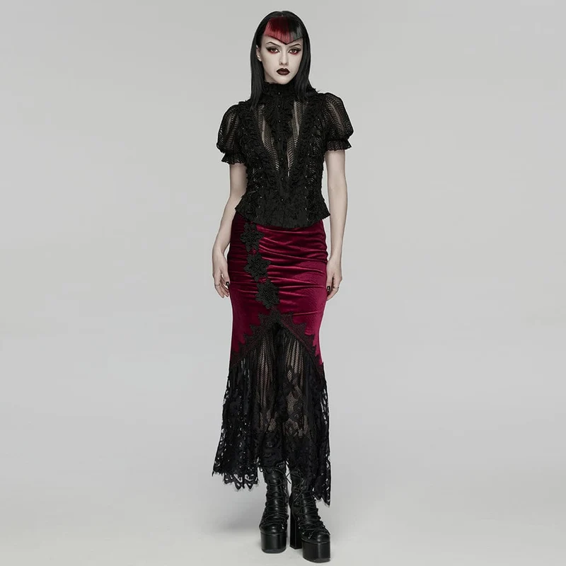 Gothic-Damenbluse mit Rüschen, Stehkragen und kurzen Ärmeln