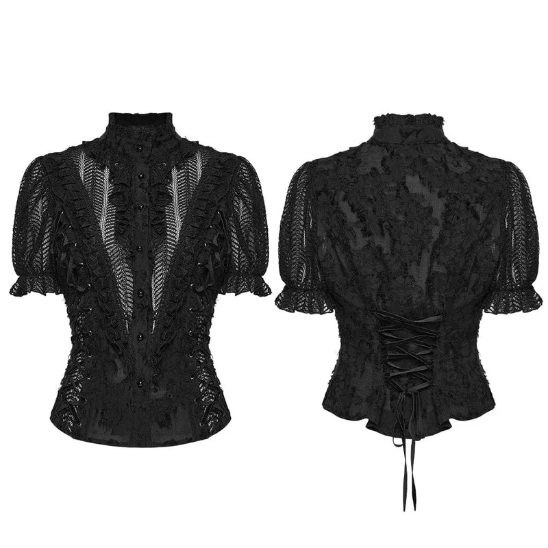 Gothic-Damenbluse mit Rüschen, Stehkragen und kurzen Ärmeln