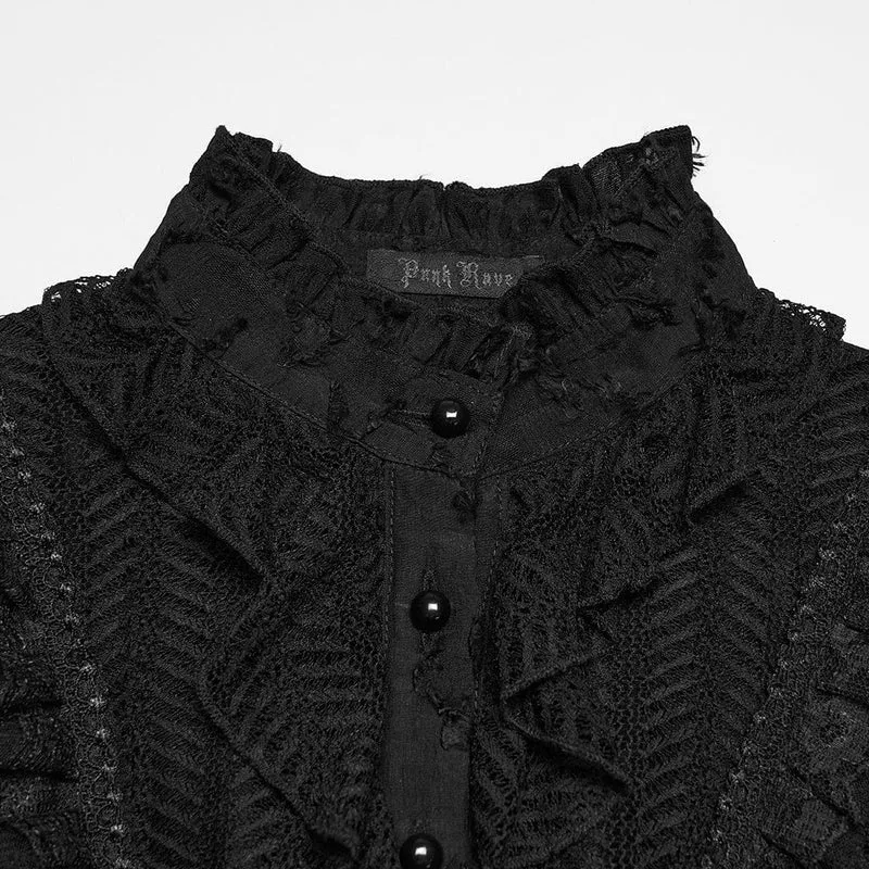 Gothic-Damenbluse mit Rüschen, Stehkragen und kurzen Ärmeln