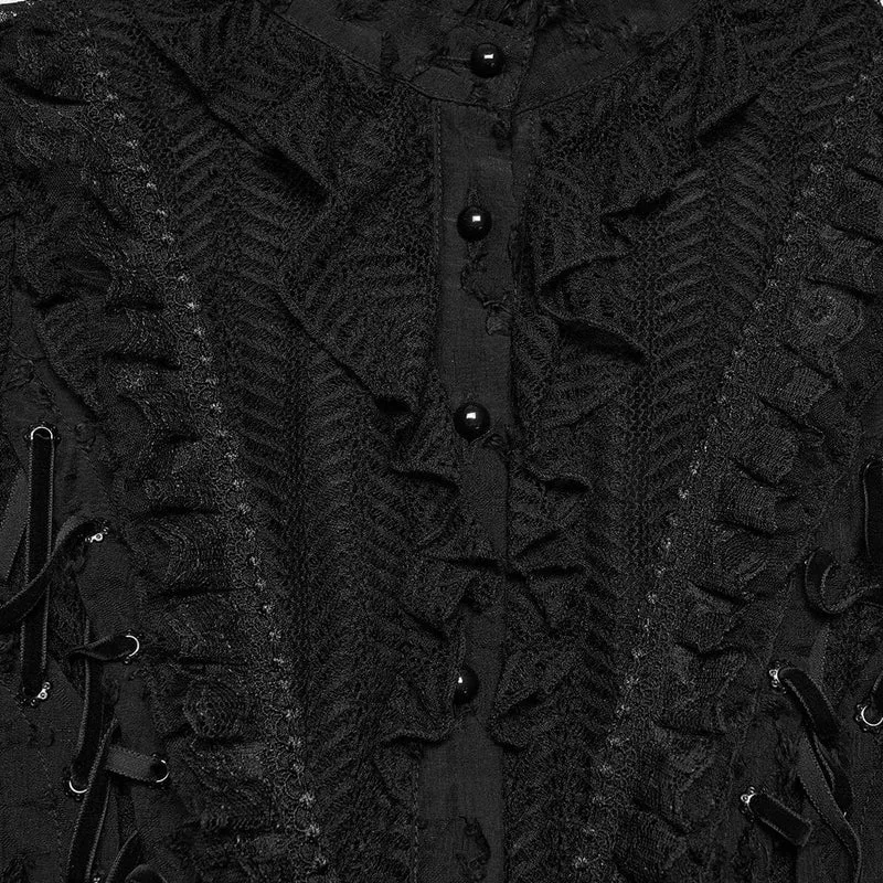 Gothic-Damenbluse mit Rüschen, Stehkragen und kurzen Ärmeln
