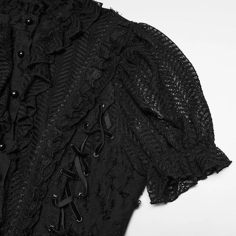 Gothic-Damenbluse mit Rüschen, Stehkragen und kurzen Ärmeln
