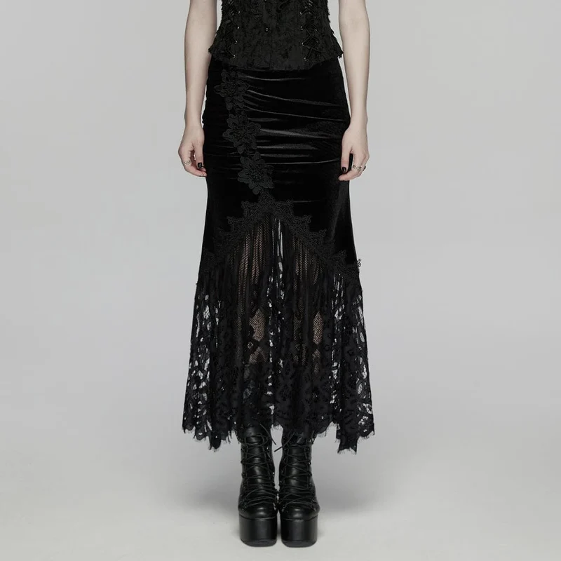 Schwarzer Gothic-Samtrock für Damen mit Spitze, Raffungen und Meerjungfrauenschnitt