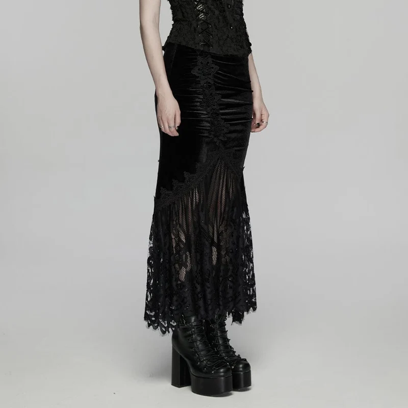 Schwarzer Gothic-Samtrock für Damen mit Spitze, Raffungen und Meerjungfrauenschnitt