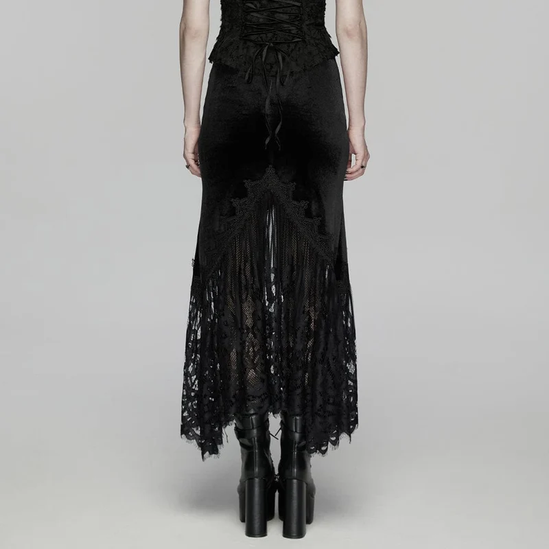 Schwarzer Gothic-Samtrock für Damen mit Spitze, Raffungen und Meerjungfrauenschnitt