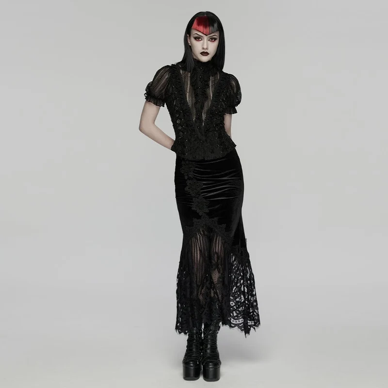Schwarzer Gothic-Samtrock für Damen mit Spitze, Raffungen und Meerjungfrauenschnitt