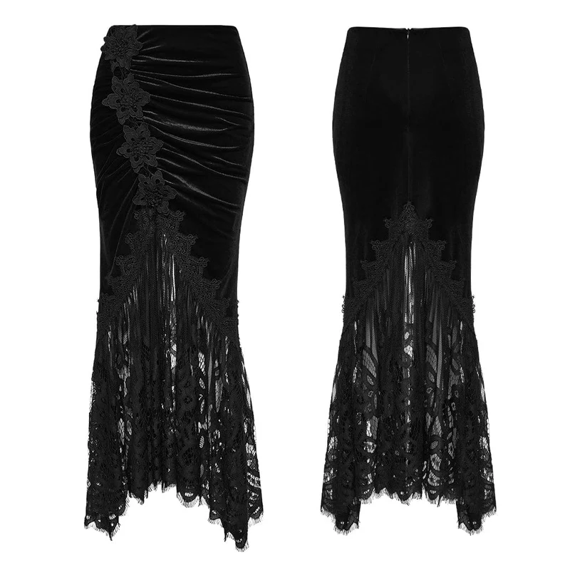 Schwarzer Gothic-Samtrock für Damen mit Spitze, Raffungen und Meerjungfrauenschnitt