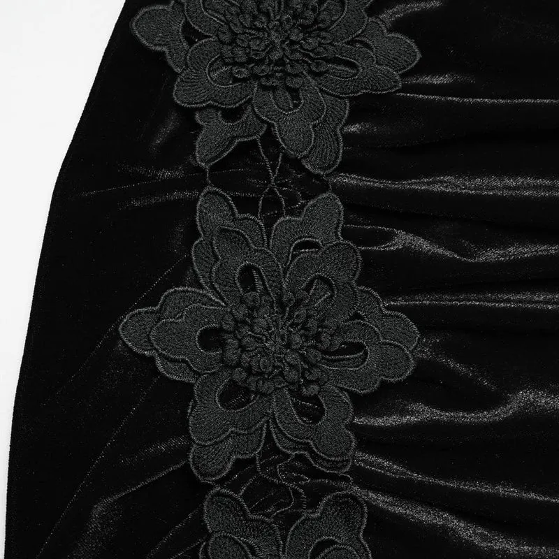 Schwarzer Gothic-Samtrock für Damen mit Spitze, Raffungen und Meerjungfrauenschnitt