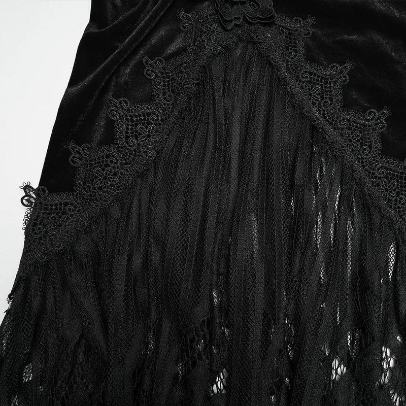 Schwarzer Gothic-Samtrock für Damen mit Spitze, Raffungen und Meerjungfrauenschnitt