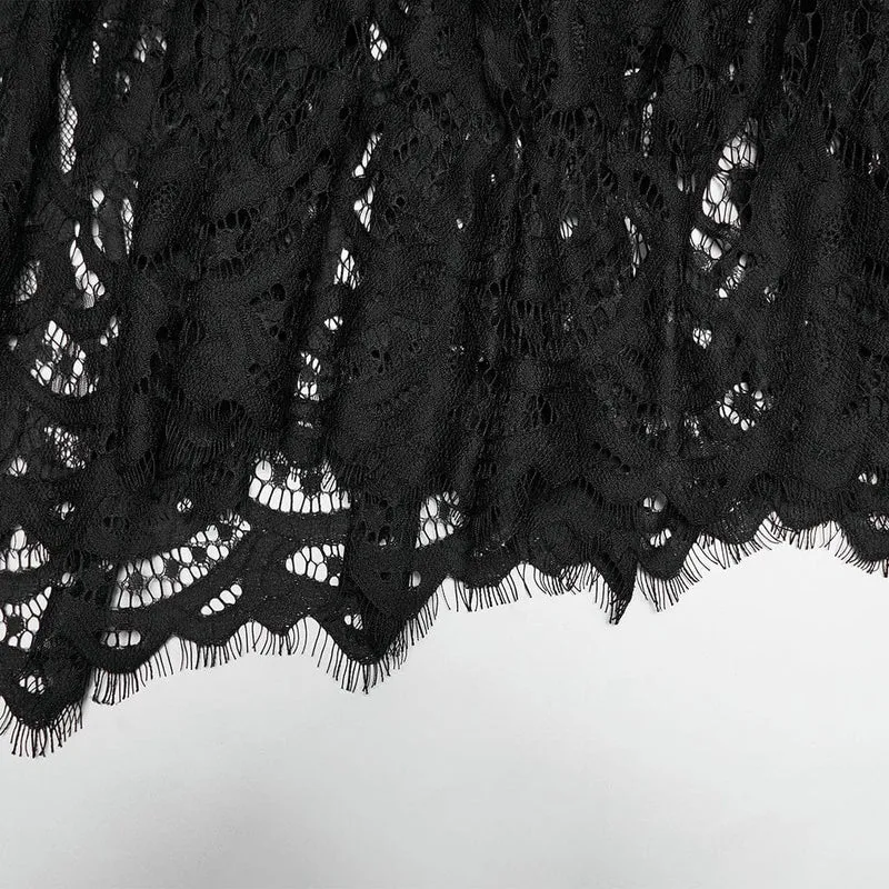 Schwarzer Gothic-Samtrock für Damen mit Spitze, Raffungen und Meerjungfrauenschnitt