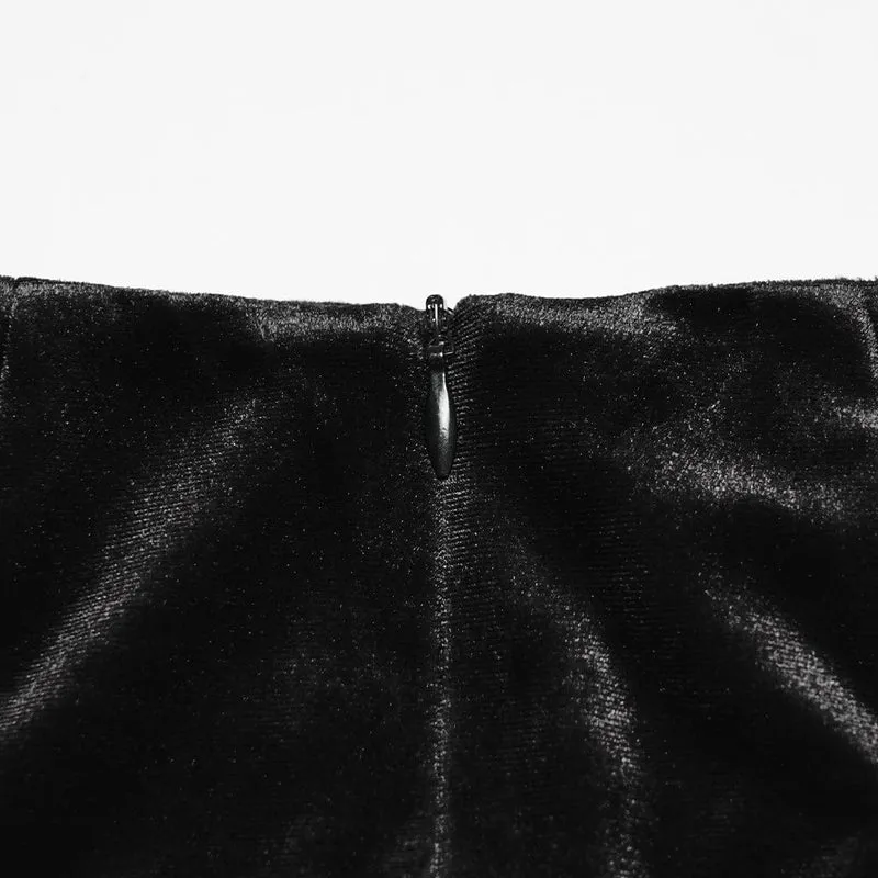 Schwarzer Gothic-Samtrock für Damen mit Spitze, Raffungen und Meerjungfrauenschnitt