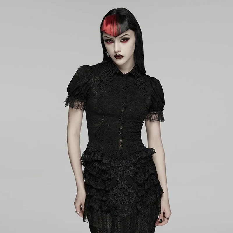 Gothic-Spitzenbluse für Damen mit Umlegekragen und Puffärmeln