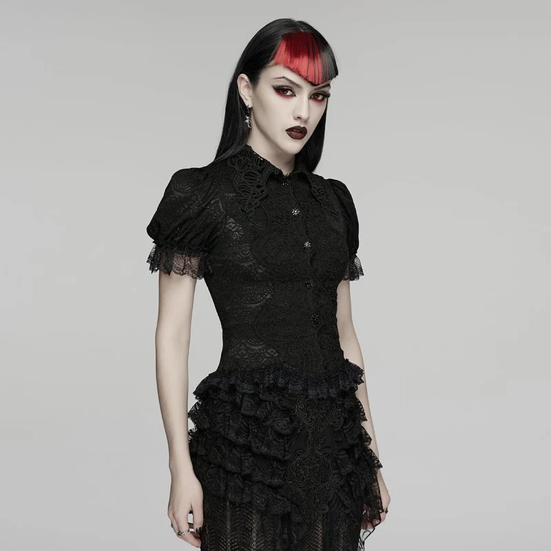 Gothic-Spitzenbluse für Damen mit Umlegekragen und Puffärmeln