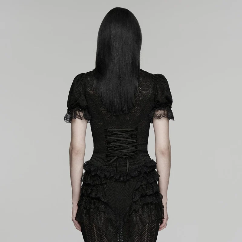 Gothic-Spitzenbluse für Damen mit Umlegekragen und Puffärmeln