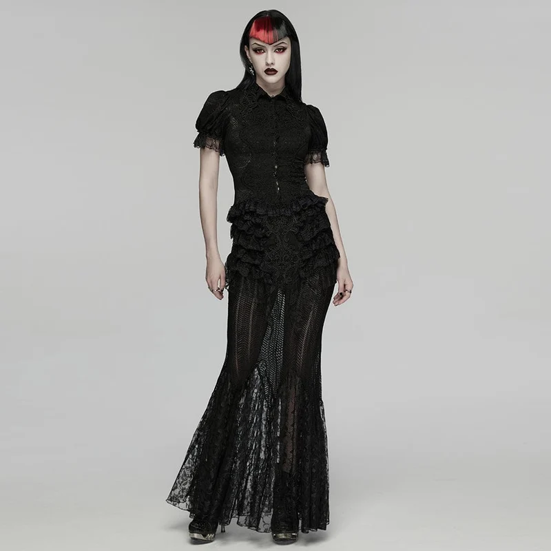 Gothic-Spitzenbluse für Damen mit Umlegekragen und Puffärmeln