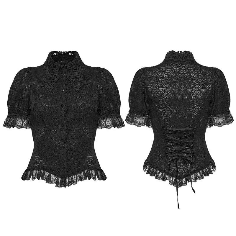 Gothic-Spitzenbluse für Damen mit Umlegekragen und Puffärmeln