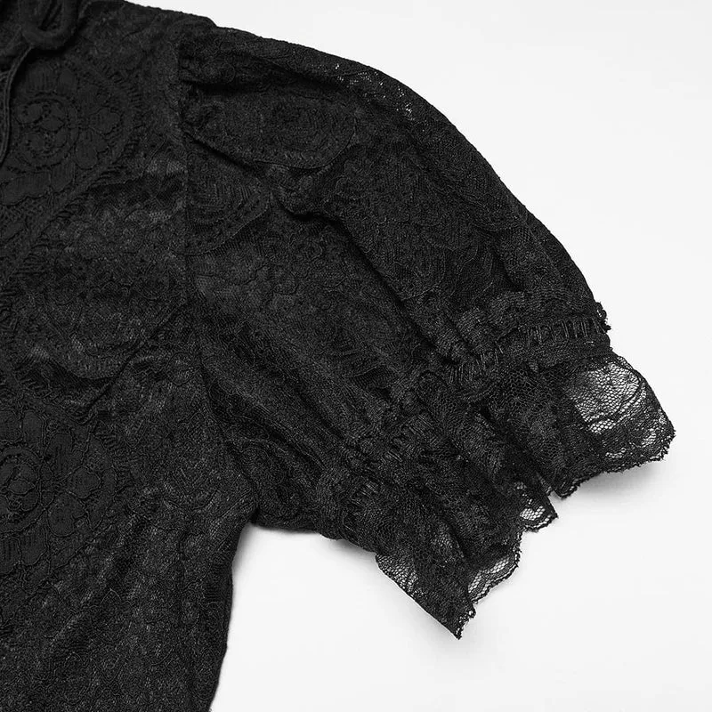 Gothic-Spitzenbluse für Damen mit Umlegekragen und Puffärmeln