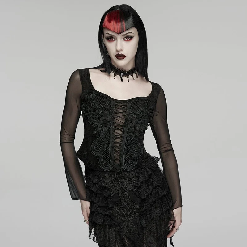 Gothic-besticktes, langärmeliges Oberteil für Damen mit Schnürung