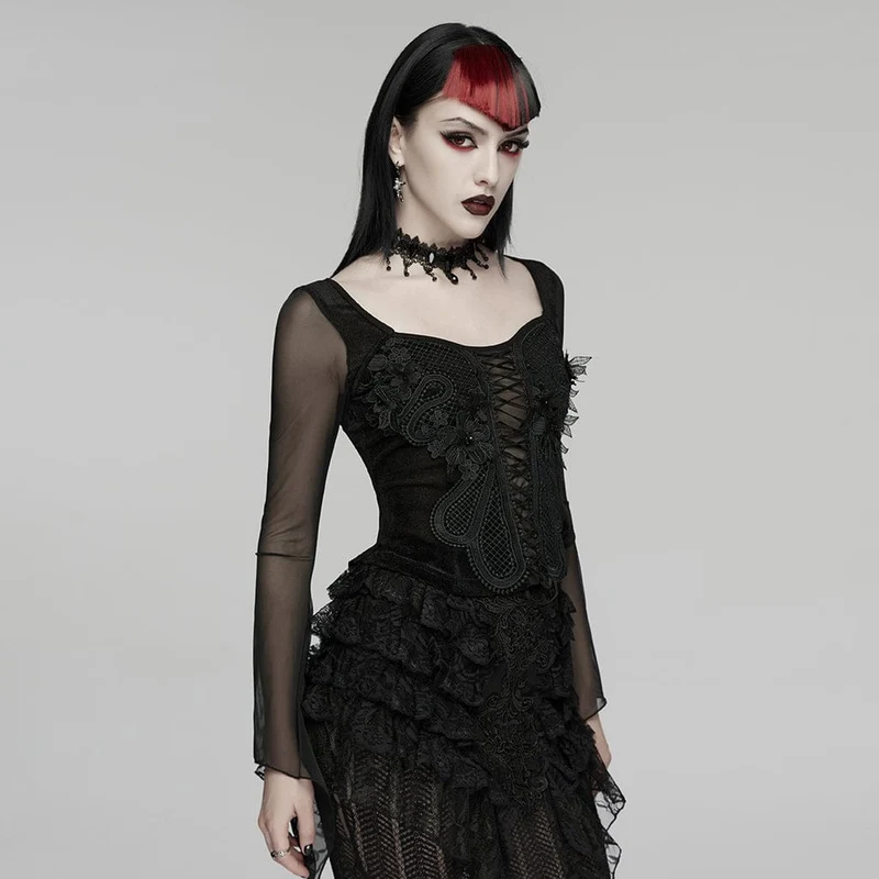 Gothic-besticktes, langärmeliges Oberteil für Damen mit Schnürung