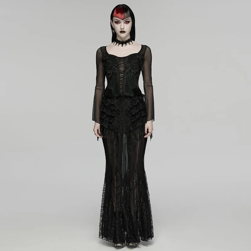 Gothic-besticktes, langärmeliges Oberteil für Damen mit Schnürung