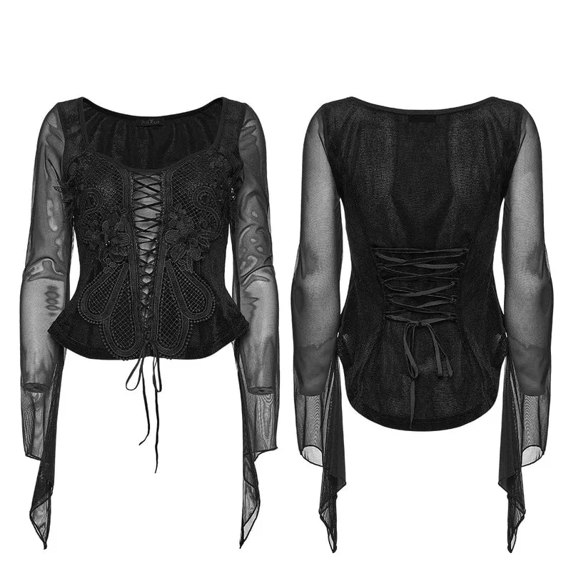 Gothic-besticktes, langärmeliges Oberteil für Damen mit Schnürung